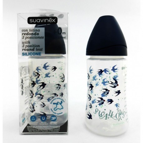 Botol Susu Suavinex - 270ml - Leher Botol Lebar - Tema Burung Swallow Biru Tua