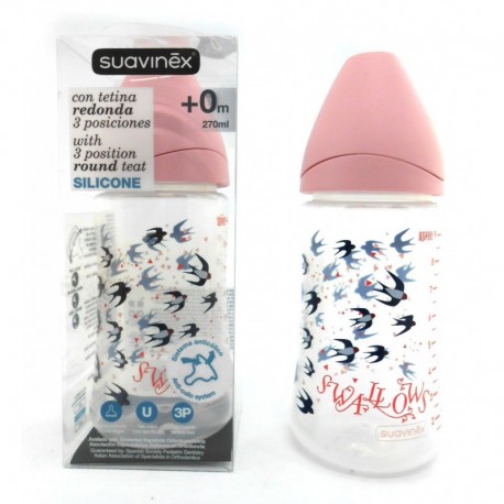 Botol Susu Suavinex - 270ml - Leher Botol Lebar - Tema Burung Swallow Pink
