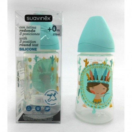 Botol Susu Suavinex - 270ml - Leher Botol Lebar - Tema Anak Indian Biru
