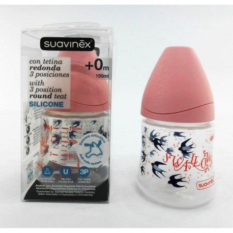 Botol Susu Suavinex - 150ml - Leher Botol Lebar - Tema Burung Swallow Pink