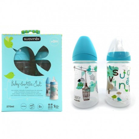 Botol Susu Suavinex isi 2 - 270ml - Leher Botol Lebar - Tema Burung Biru